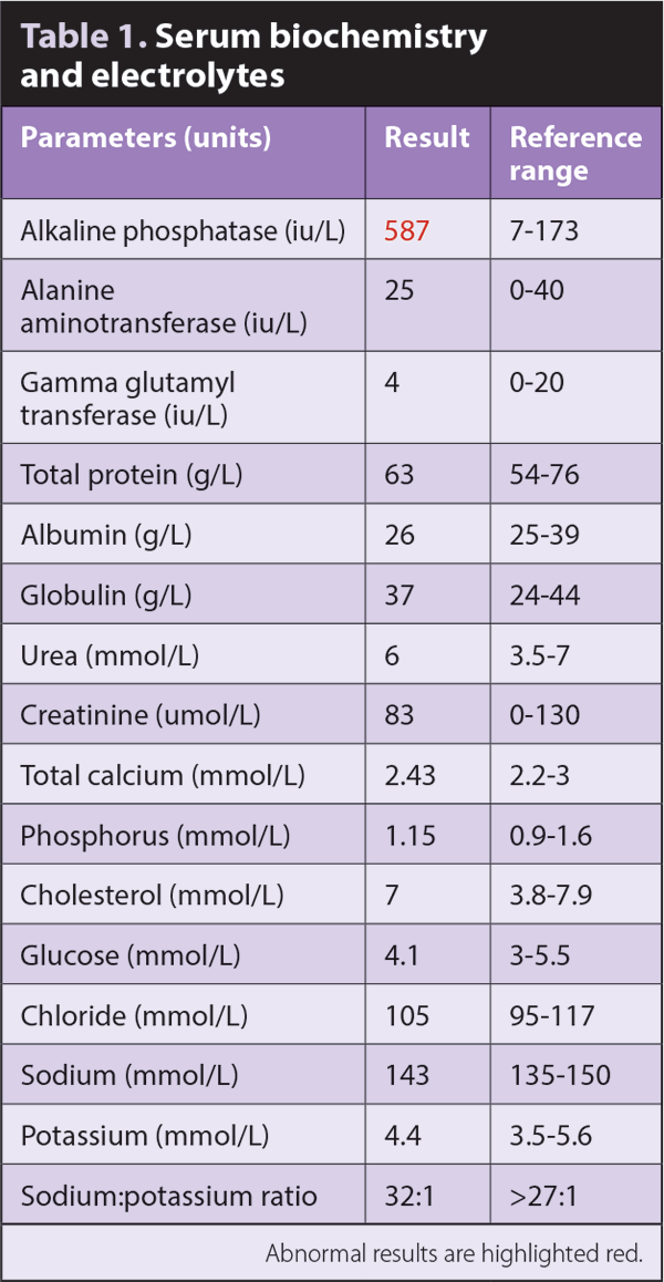 Table 1. Serum biochemistry and electrolytes.
