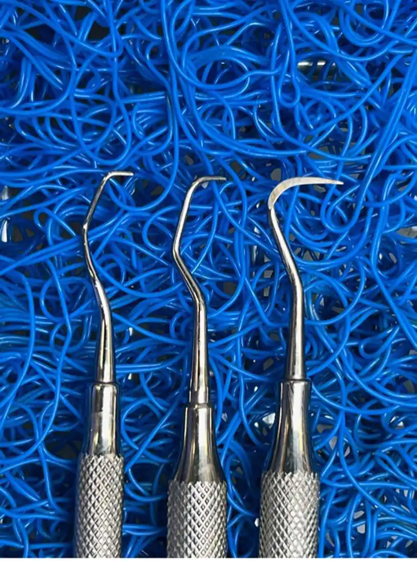 Figure 4. Photo comparing a subgingival curette and sickle scaler. From left to right: two sizes of curette (Gracey style) and a sickle scaler.