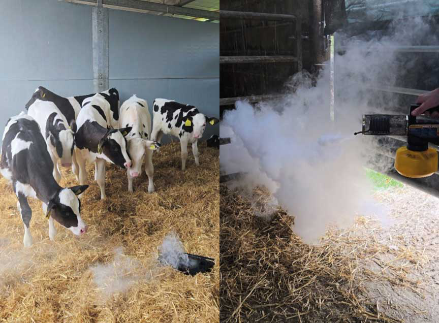 Examples of traditional smoke bombs from a plumbing supplier and an insect fogger to check how long it takes for the fog to clear in a cattle shed 