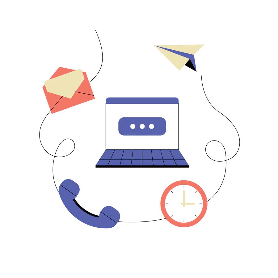 Graphic of a laptop with email, letter, phone and clock face around it Image: iStock / Creattie
