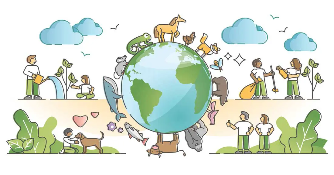 Illustration showing the Earth with animals all over it against a background showing people, the sky and more animals Image: VectorMine / iStock