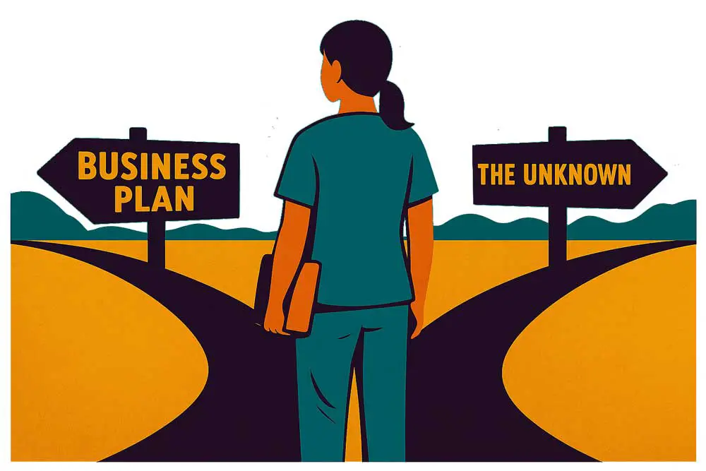 Illustration showing a vet or clinician at a fork in the road, with business plan to the left and the unknown to the right. Image: AI / Sora