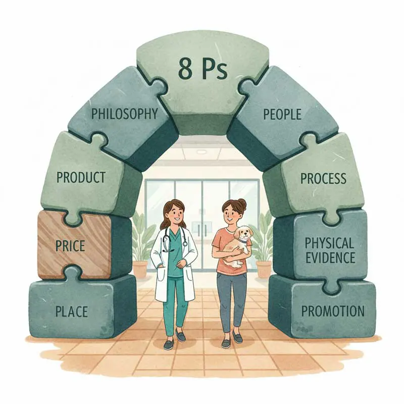 Graphic illustrating the 8 Ps in setting up a practice in VBJ article. Image: Google Gemini