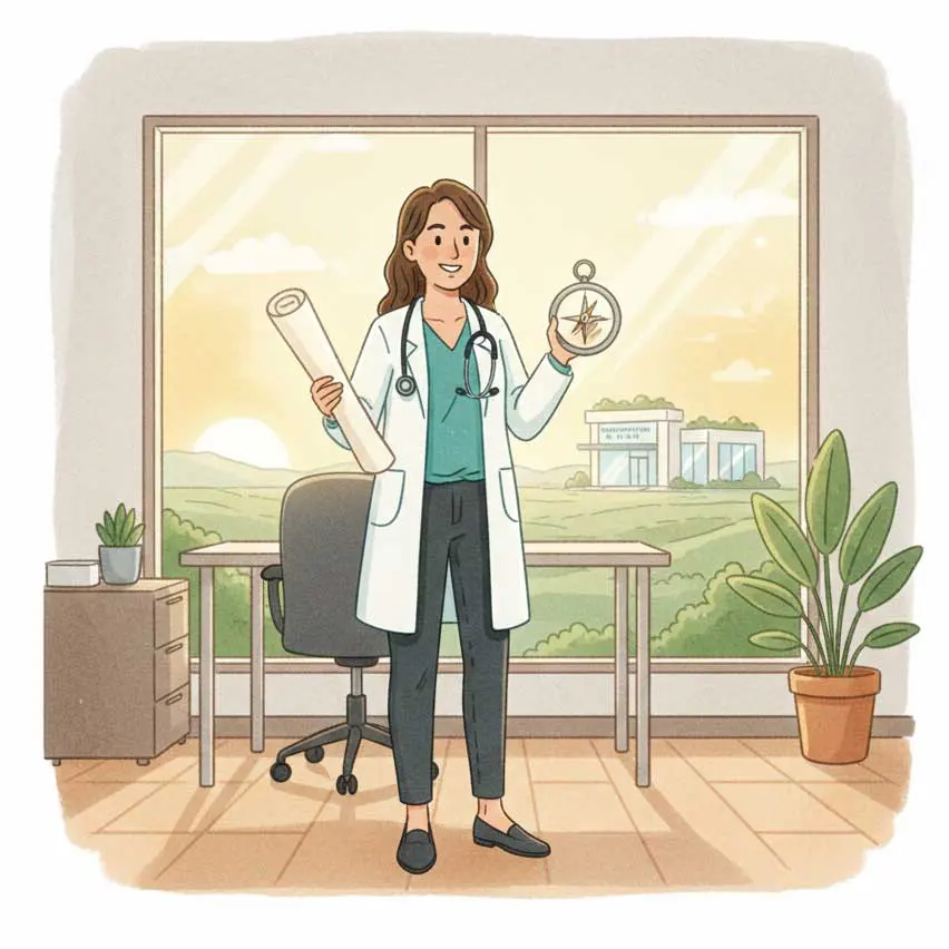 Graphic of a vet holding plans and a compass to illustrate VBJ article about setting up a practice. Image: Google Gemini