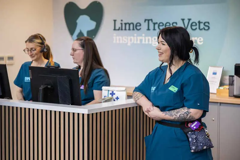 Client care advisors (from left) Lisa Shirley and Georgina Robinson, with student vet nurse Chloe Money at Lime Tree Vets in Stoke-on-Trent.