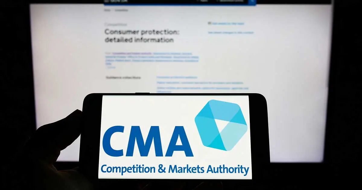 CMA logo on a phone screen with website behind it EDITORIAL USE ONLY. Image: Timon / Adobe Stock