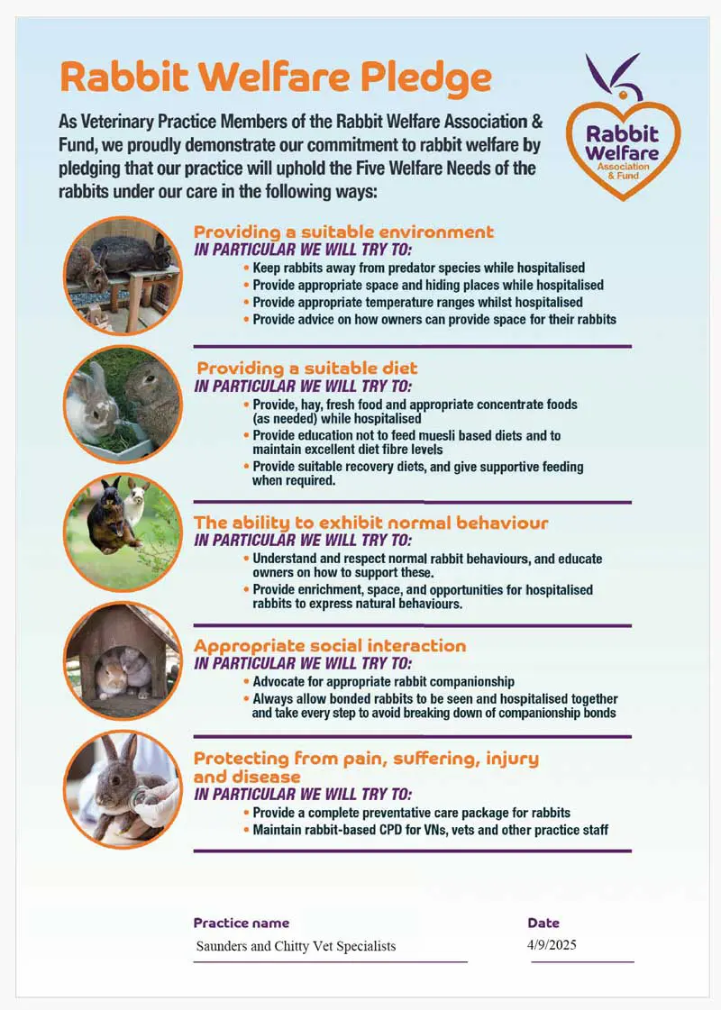 Figure 1. Take the pledge: a sample version of the Rabbit Welfare Association and Fund Pledge for member practices to display.