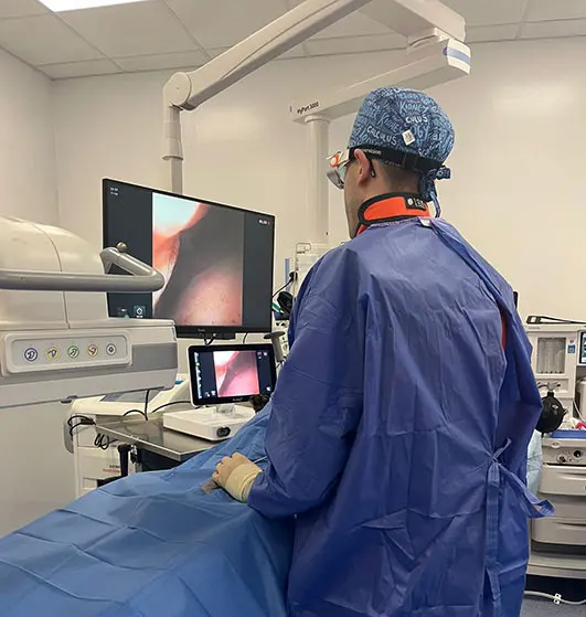 Figure 6. The author performing cystoscopic laser ablation on a male dog.